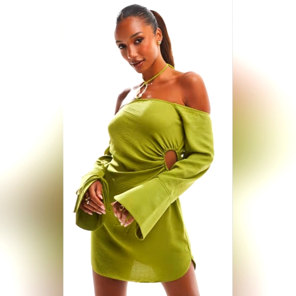 [ASOS] Sexy & Silky Off The Shoulder  Mini Lime Green Dress Women Size 10